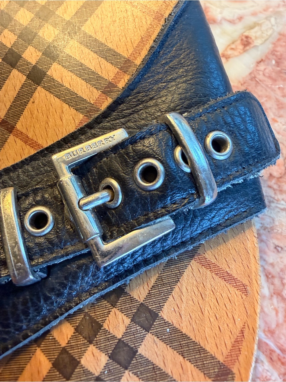 Burberry Black Leather Buckle Plaid Insole Slide Sandals - Picture 2 of 7